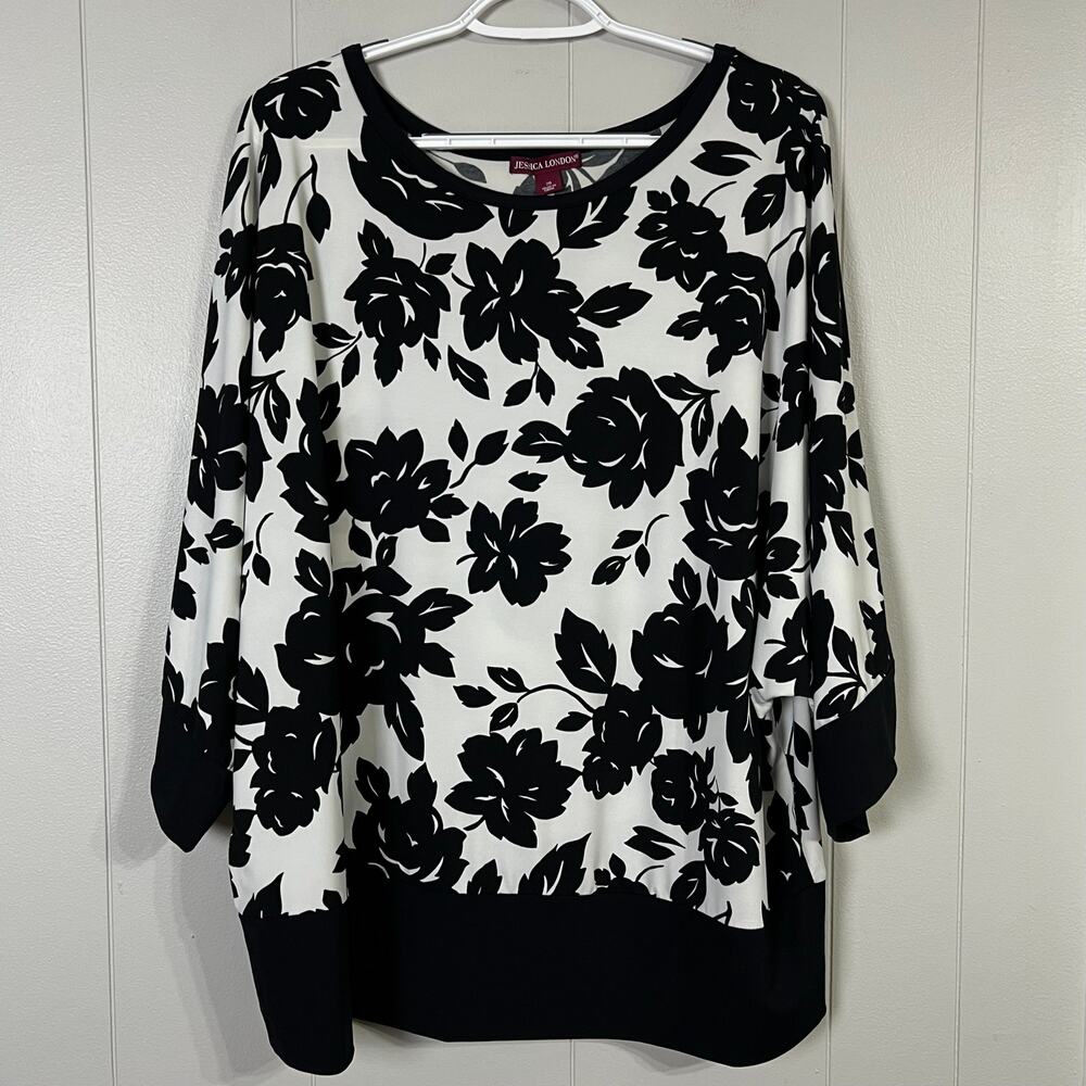Jessica London Womens Size 20 Floral Blouse Black White Dolman Sleeve Stretch
